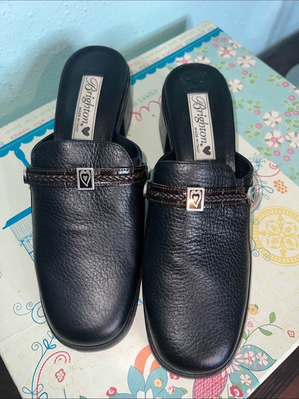 Brighton made in Italy Black Leather Mules with Heart Emblem